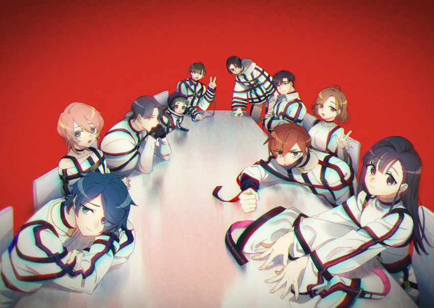 5boys, 5girls, absurdres, akka, angry, backpack, bag, black_hair, blue_eyes, blue_hair, brown_eyes, brown_hair, chromatic_aberration, colored_tips, crossed_arms, green_eyes, grey_eyes, group_picture, hair_over_one_eye, head_rest, highres, jacket, kajiyama_futa, kashiki_yuno, kayano_mikoto, kirisaki_shidou, kusunoki_mu, long_hair, long_sleeves, mask, milgram, momose_amane, mouth_mask, mukuhara_kazui, multicolored_hair, multiple_boys, multiple_girls, multiple_straps, pink_eyes, pink_hair, red_background, red_eyes, redhead, restraints, sakurai_haruka, shiina_mahiru_(milgram), short_hair, shorts, sitting, smile, standing, straight_hair, straitjacket, surgical_mask, table, two-tone_hair, v, waving, wavy_hair, yuzuriha_kotoko