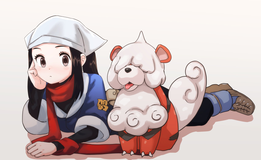 1girl, absurdres, aiueo_otoko, akari_(pokemon), black_hair, black_legwear, black_undershirt, blue_jacket, brown_bag, brown_eyes, brown_footwear, closed_mouth, commentary_request, eyelashes, head_rest, head_scarf, highres, hisuian_form, hisuian_growlithe, jacket, long_hair, lying, on_stomach, pantyhose, pokemon, pokemon_(creature), pokemon_(game), pokemon_legends:_arceus, red_scarf, scarf, shoes, sidelocks, undershirt, white_headwear