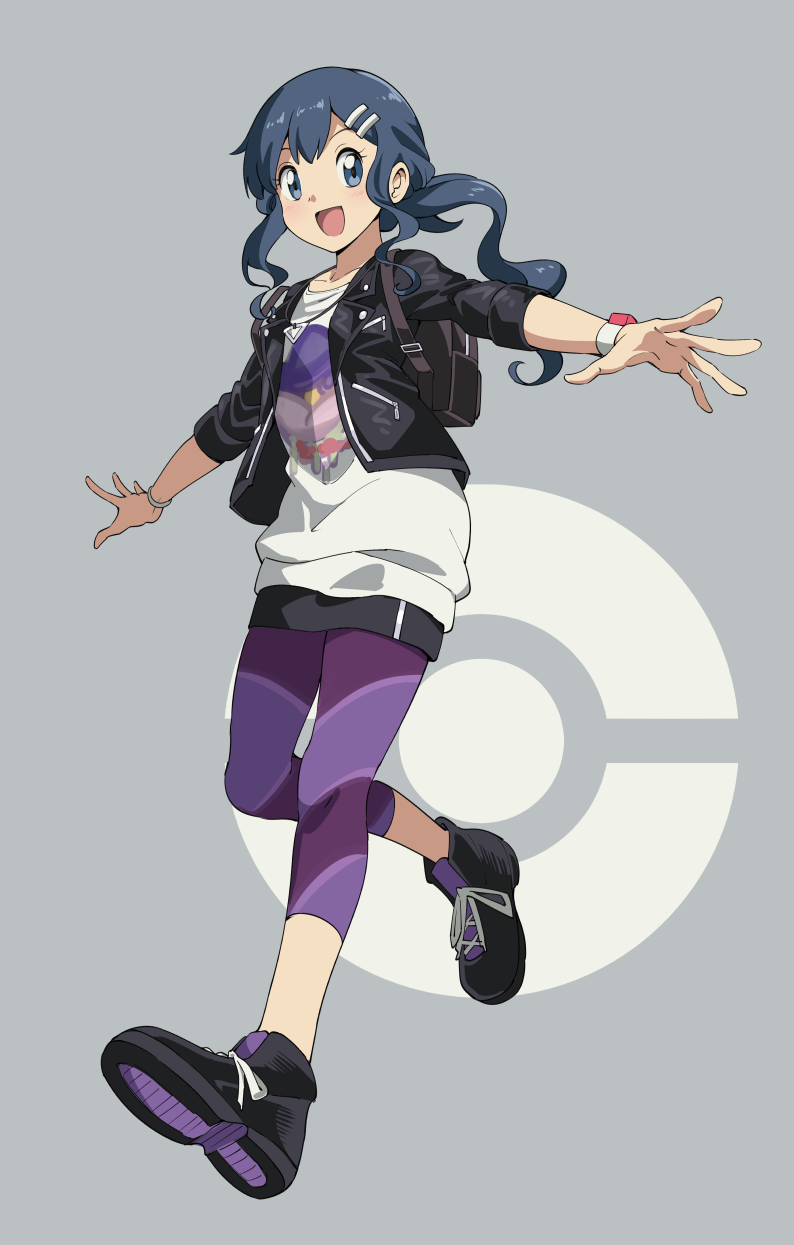 1girl, :d, bangs, black_footwear, black_hair, black_jacket, buttons, commentary