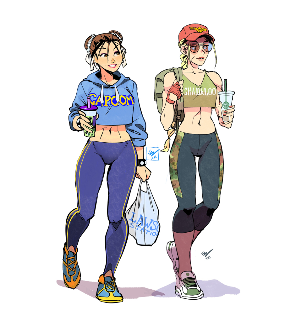 2girls, adapted_costume, alternate_hairstyle, aviator_sunglasses, backpack, bag, baseball_cap, blue_hoodie