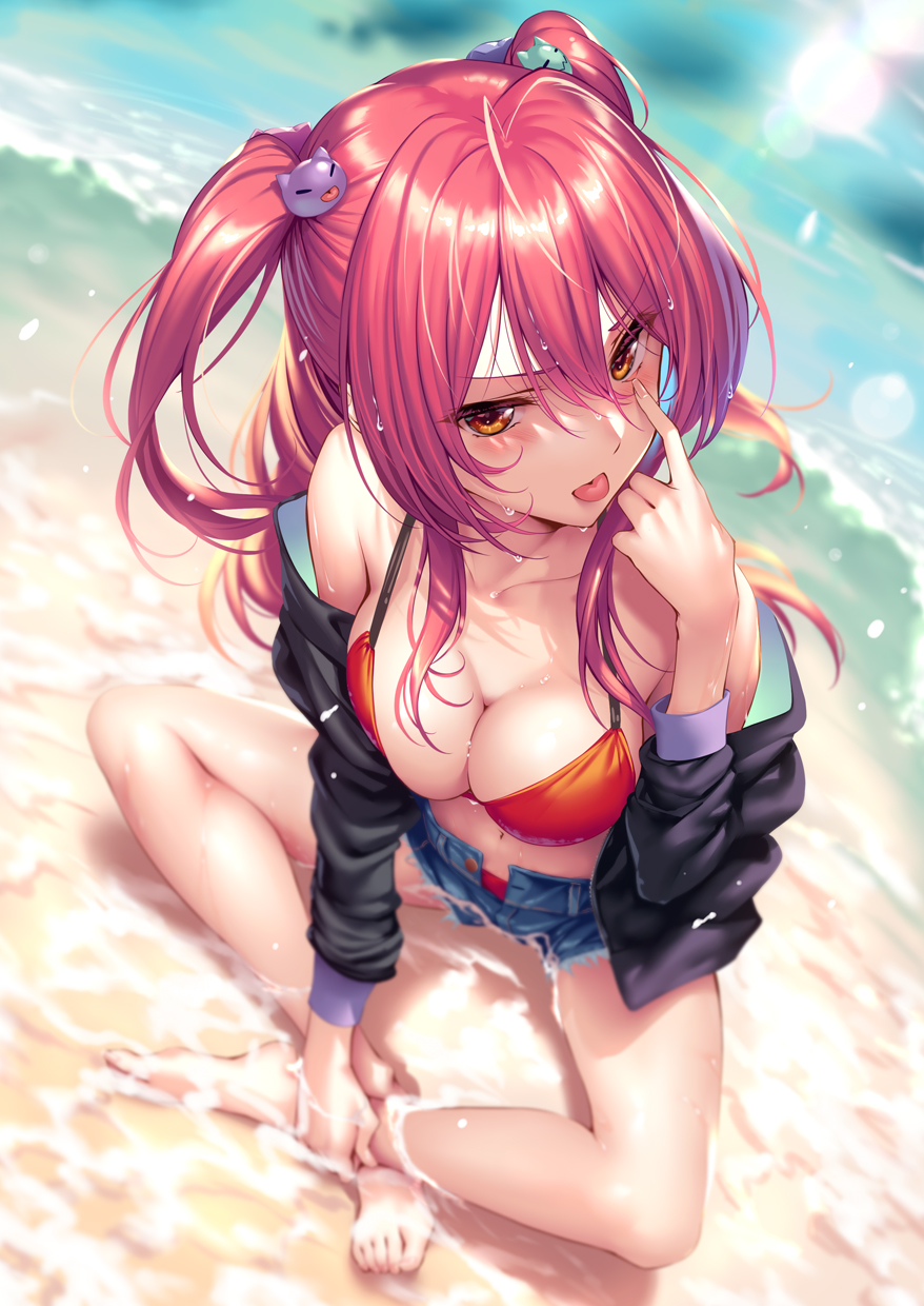 1girl, :p, bangs, beach, bikini, bikini_under_clothes, breasts, crossed_legs
