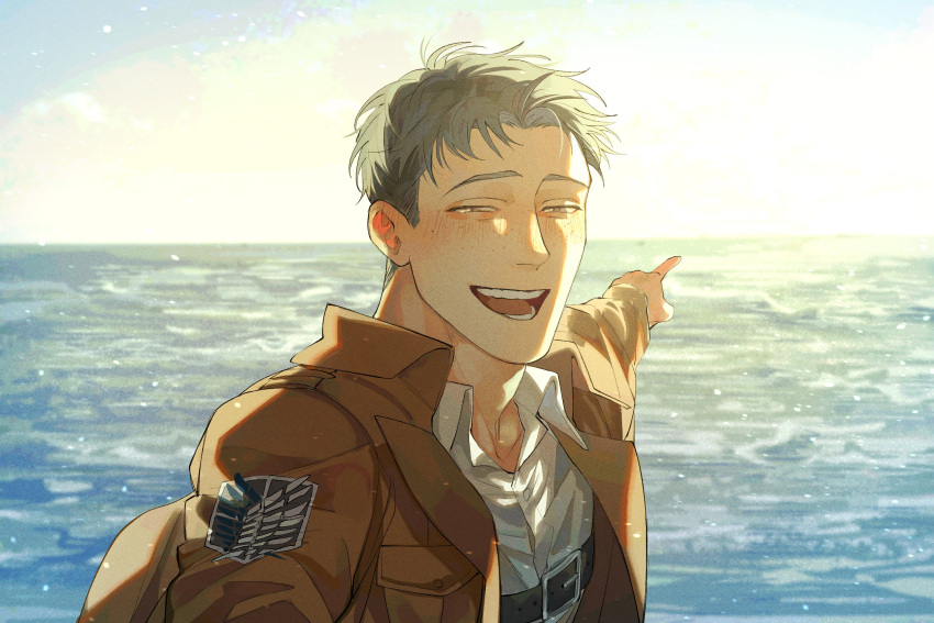 1boy, blush, chengzhineixihuanxiaogou, closed_eyes, highres, horizon, jacket, male_focus