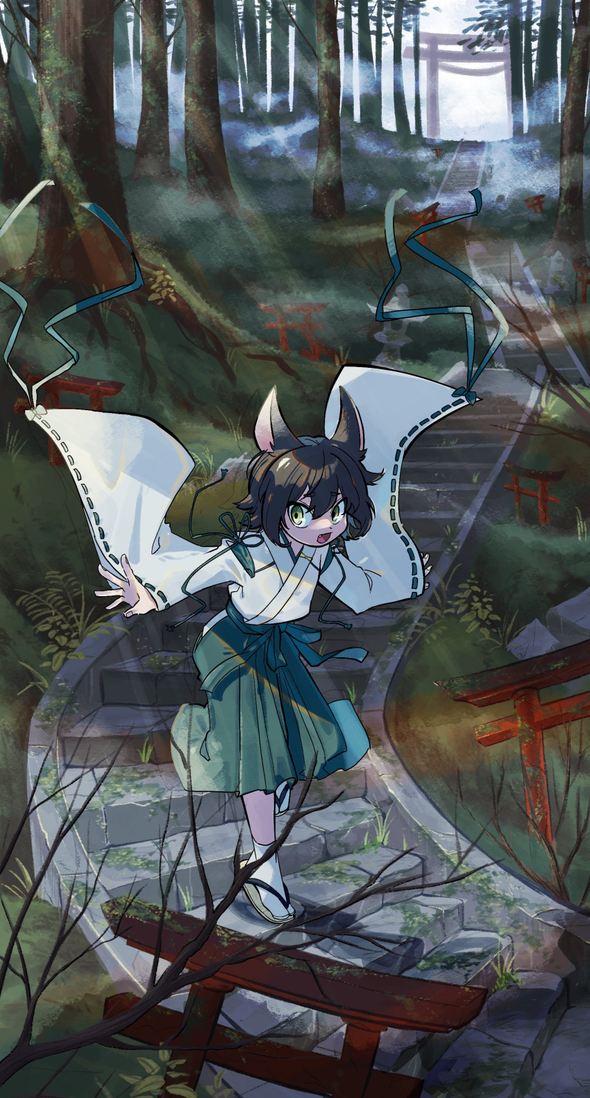 1boy, :d, absurdres, androgynous, animal_ears, aqua_hakama, aqua_ribbon, black_hair, clothing_request, commentary_request, commission, day, eyebrows_visible_through_hair, fang, forest, grass, green_eyes, hair_between_eyes, hakama, highres, japanese_clothes, kanauo_(tansui_kanauo), light_beam, long_sleeves, looking_at_viewer, male_focus, medium_hair, multiple_sources, nature, open_mouth, original, outdoors, outstretched_arms, ribbon, ribbon-trimmed_sleeves, ribbon_trim, skeb_commission, smile, socks, solo, spread_arms, stairs, stone_lantern, torii, tree, tsurime, walking, white_legwear, wide_shot, wide_sleeves, zouri