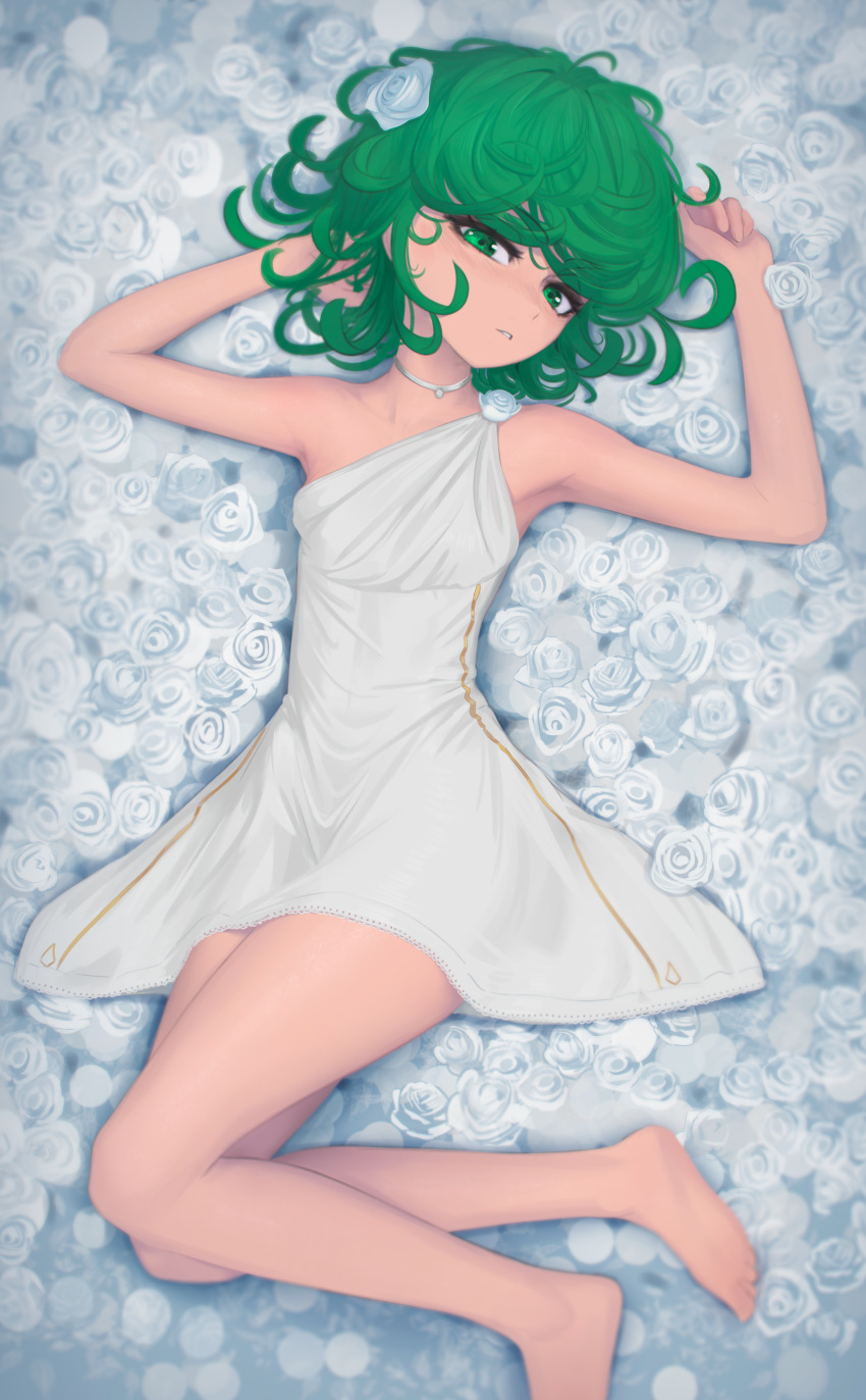 1girl, absurdres, arm_behind_head, barefoot, breasts, daniel_deves, dress, eyebrows_visible_through_hair, floral_background, flower, green_eyes, green_hair, hair_flower, hair_ornament, highres, huge_filesize, jewelry, looking_at_viewer, lying, messy_hair, necklace, on_back, one-punch_man, rose, short_hair, small_breasts, solo, tatsumaki, thighs, white_dress, white_flower, white_rose