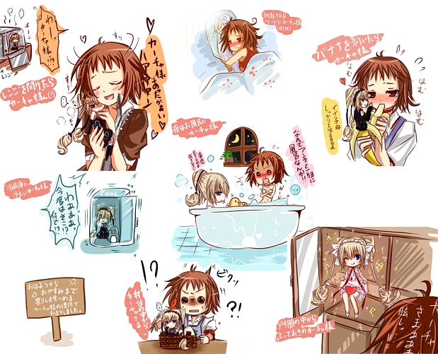 2girls1tub, bad_id, bath, bathtub, bird, blonde_hair, blush, brown_hair