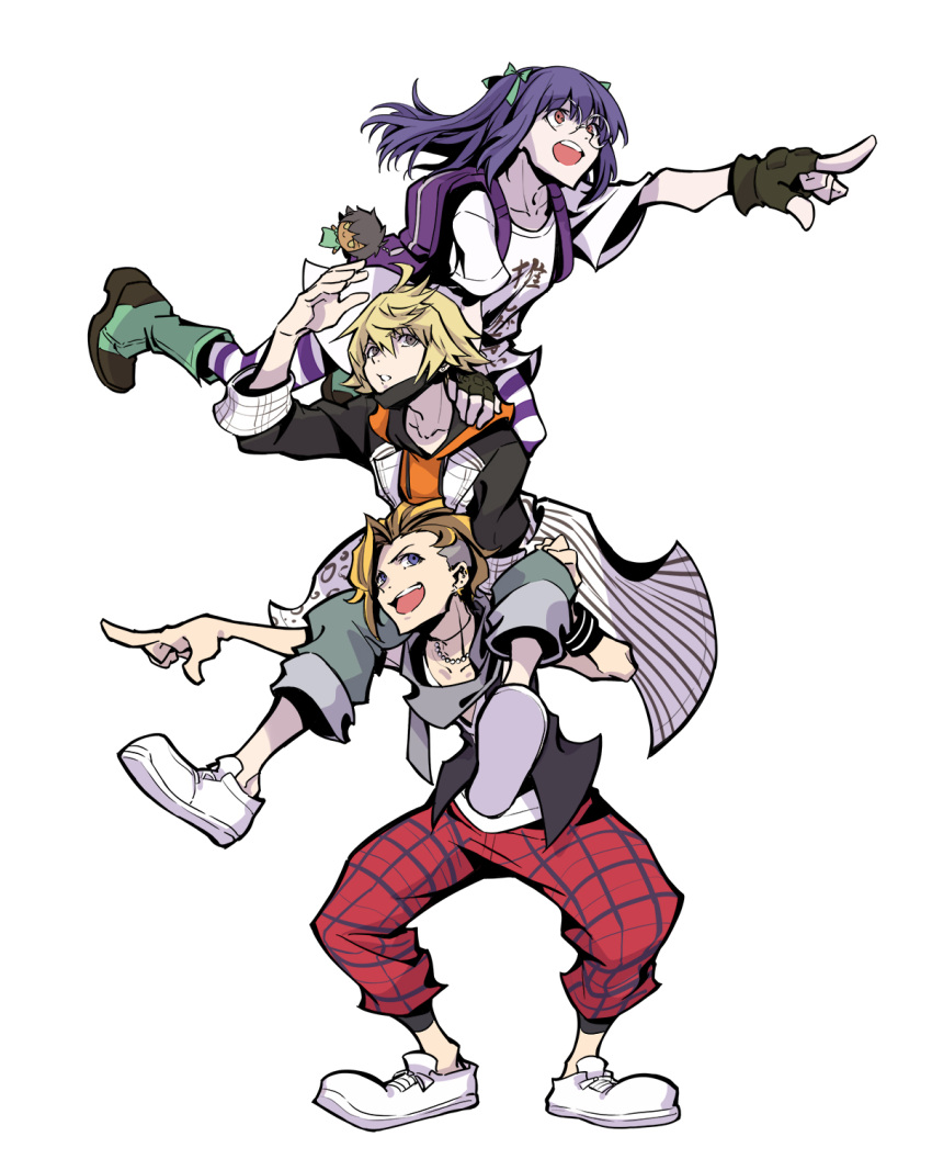 1girl, 2boys, boots, brown_hair, carrying_person, company_connection, creator_connection, fret_(ntwewy)