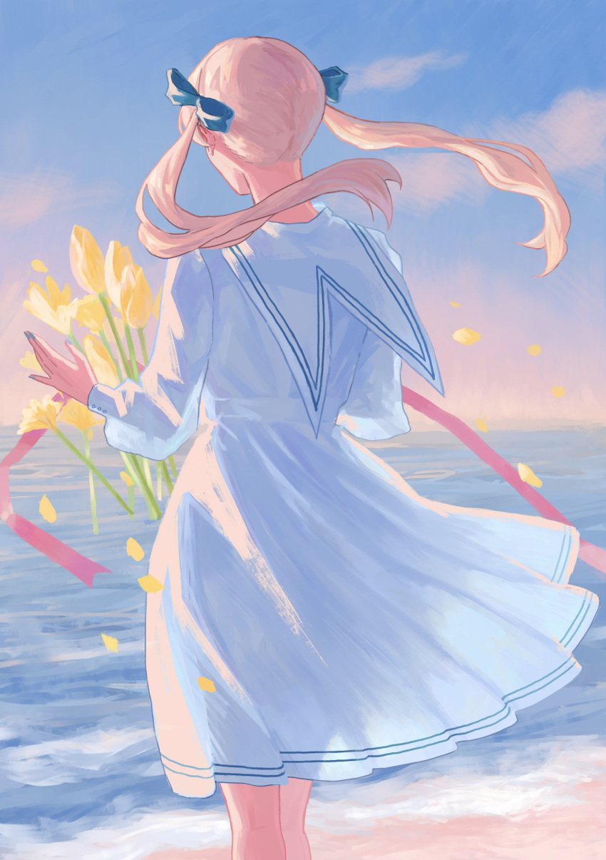 1girl, beach, blonde_hair, blue_bow, blue_nails, bouquet, bow, clouds