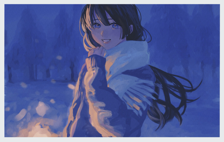 1girl, black_hair, blue_background, blue_eyes, dyuba000, hand_up, highres, long_hair