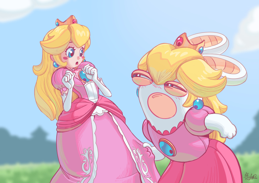 :o, blonde_hair, blue_eyes, blue_sky, blush_stickers, buck_teeth, commentary, crown