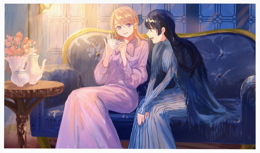 2girls, :d, bangs, black_hair, blue_eyes, couch, cup, dress