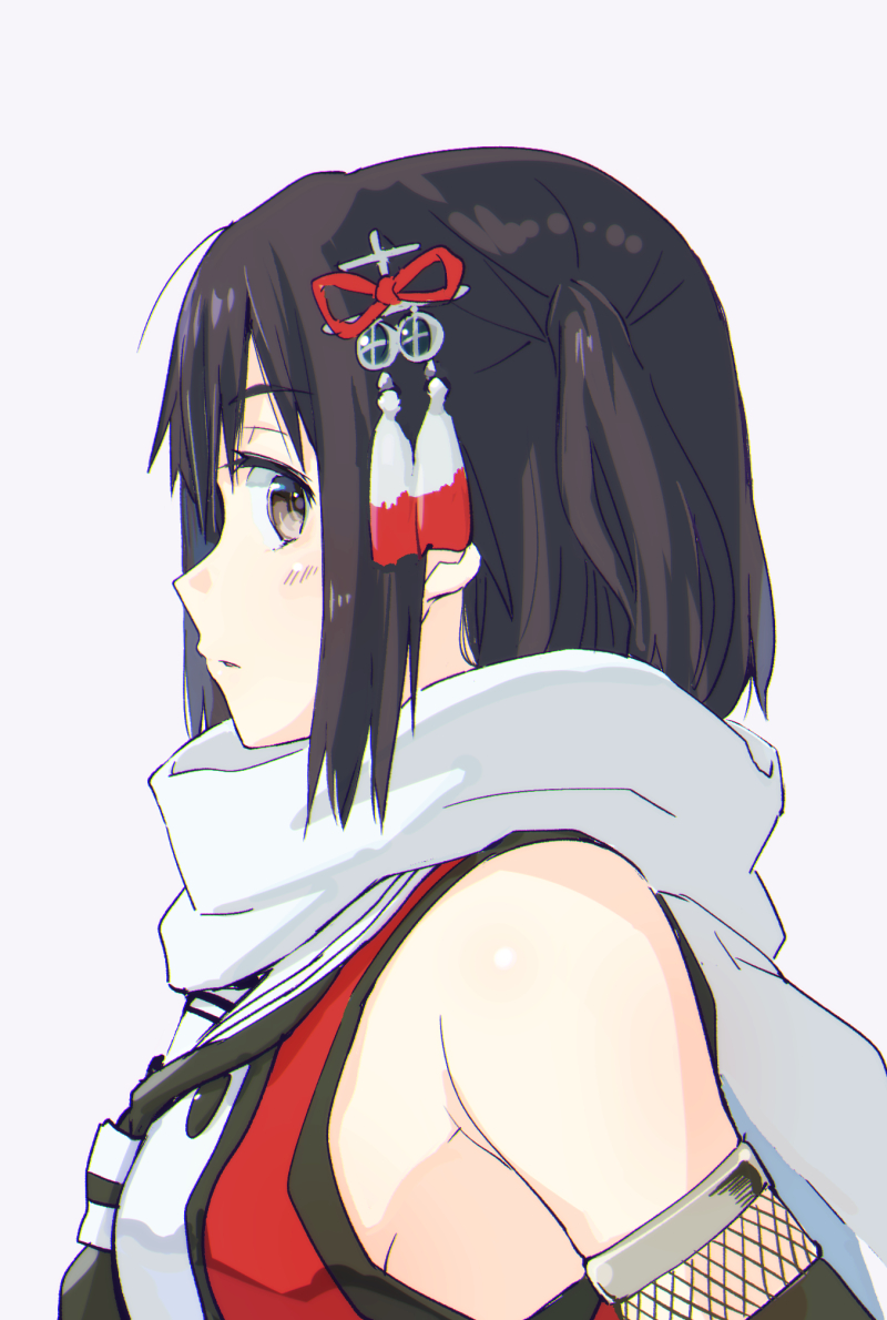 1girl, black_hair, breasts, brown_eyes, fishnet_armwear, from_side, hair_ornament, kantai_collection