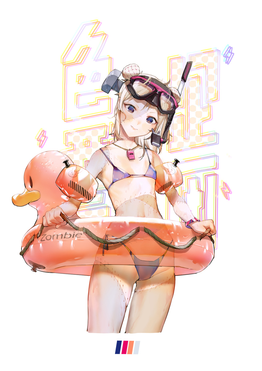 1girl, bikini, blonde_hair, blue_eyes, blush, bracelet, breasts, double_bun