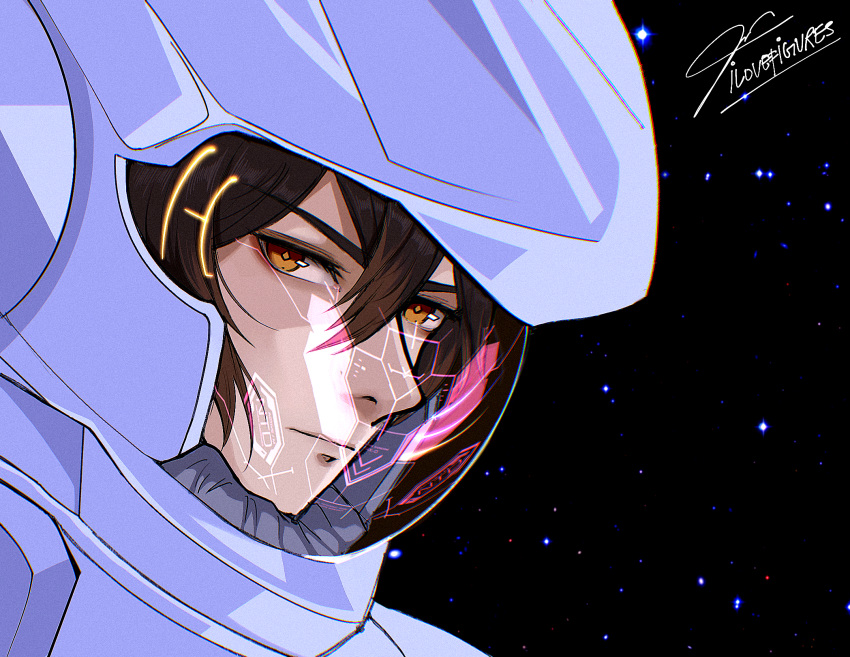 1boy, :|, bangs, black_hair, closed_mouth, diamond-shaped_pupils, diamond_(shape), english_text, eyebrows_visible_through_hair, eyeliner, eyeshadow, genshin_impact, hair_between_eyes, helmet, highres, ilovefigures, looking_at_viewer, makeup, nose, portrait, red_eyeshadow, science_fiction, sidelocks, signature, solo, space, space_helmet, spacesuit, star_(sky), symbol-shaped_pupils, twitter_username, yellow_eyes, zhongli_(genshin_impact)