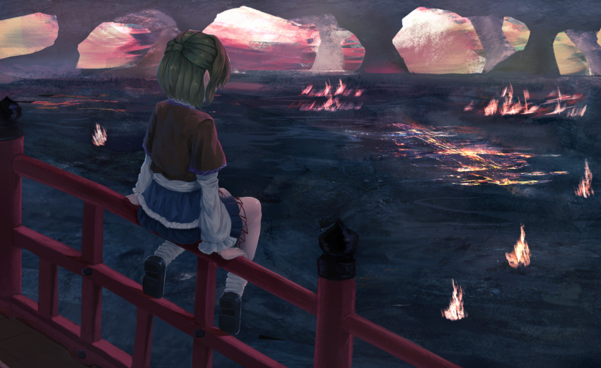 1girl, arm_warmers, bangs, black_footwear, black_skirt, blonde_hair, bridge, brown_shirt