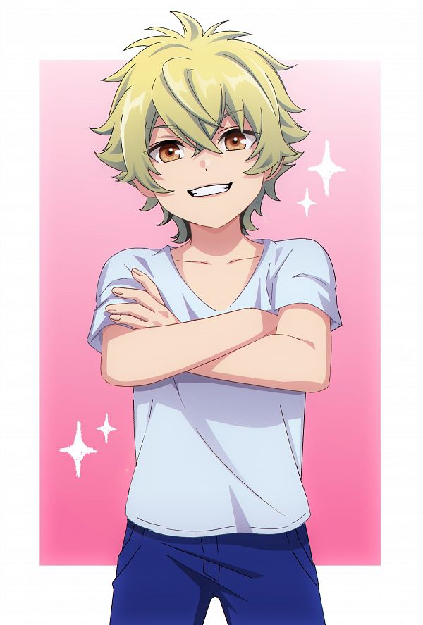 1boy, blonde_hair, brown_eyes, hyuuga_yamato, looking_at_viewer, male, simple_background, smile, solo