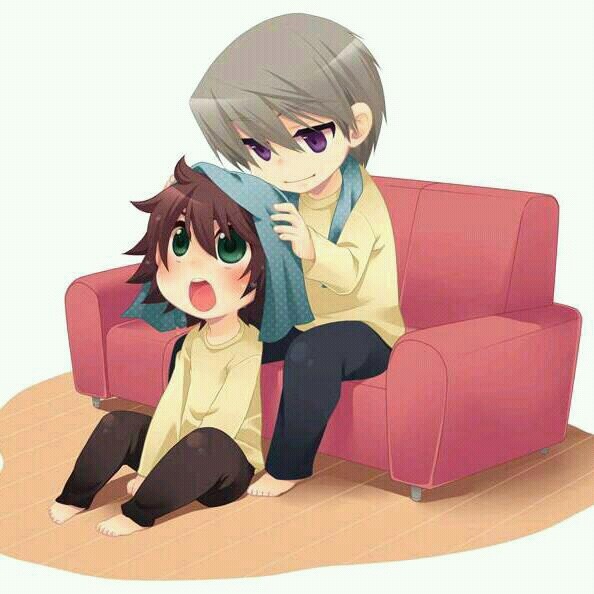 2boys, barefoot, chibi, green_eyes, grey_hair, male, misaki_takahashi, open_mouth