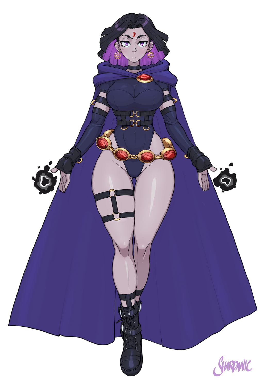 1girl, artist_name, ass_visible_through_thighs, bangs, blunt_bangs, blunt_ends, boots, breasts, choker, covered_navel, detached_sleeves, earrings, flying, forehead_jewel, full_body, highres, jewelry, large_breasts, leotard, looking_at_viewer, medium_breasts, pentagram_earrings, raven_(dc), shardanic, simple_background, solo, teen_titans, thigh_strap, violet_eyes, watermark, white_background