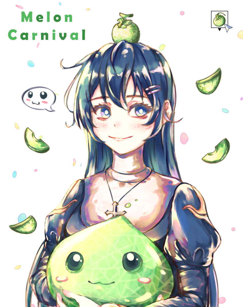 1girl, :3, bangs, black_dress, blue_eyes, blush, bright_pupils, closed_mouth, commentary_request, confetti, cross, cross_necklace, dalcom_(ragnarok_online), dress, emoticon, food, food_on_head, fruit, fruit_on_head, green_hair, habit, highres, holding, jewelry, juliet_sleeves, long_hair, long_sleeves, looking_to_the_side, melon, melon_slice, nanaya_(shohei77), necklace, object_on_head, priest_(ragnarok_online), puffy_sleeves, ragnarok_online, slime_(creature), smile, upper_body, white_background, white_pupils