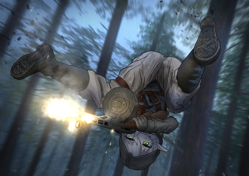 ..., 1girl, absurdres, boots, commentary_request, firing, flying, forest