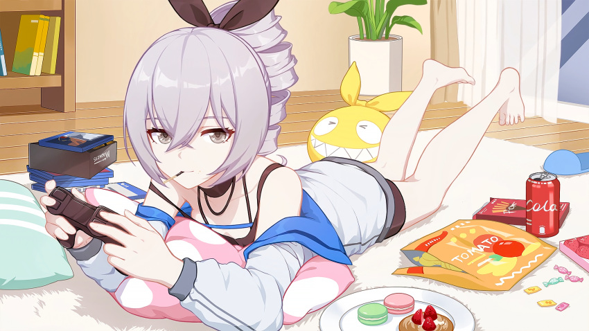 1girl, bangs, bare_shoulders, barefoot, book, bookshelf, bronya_zaychik, can