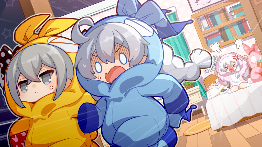 >_<, 3girls, absurdres, anger_vein, angry, animal_hood, bangs, bed, bedroom, book, bookshelf, braid, bronya_zaychik, bunny_hood, closed_eyes, closed_mouth, curtains, doll, full_body, grey_eyes, grey_hair, hair_between_eyes, highres, homei_(honkai_impact), homi_(honkai_impact), homu_(honkai_impact), honkai_(series), honkai_impact_3rd, hood, indoors, jacket, kiana_kaslana, liumang_tu_shua_p_zhan, long_hair, long_sleeves, mascot_costume, multiple_girls, open_mouth, pajamas, pillow, pink_jacket, running, shirt, side_ponytail, sitting, table, theresa_apocalypse, twin_braids, v-shaped_eyebrows, wariza, white_hair, white_legwear, white_shirt, wide-eyed