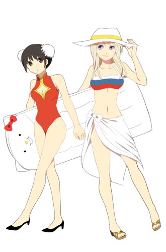 2girls, axis_powers_hetalia, black_hair, blonde_hair, brown_eyes, china_(hetalia), double_bun, genderswap