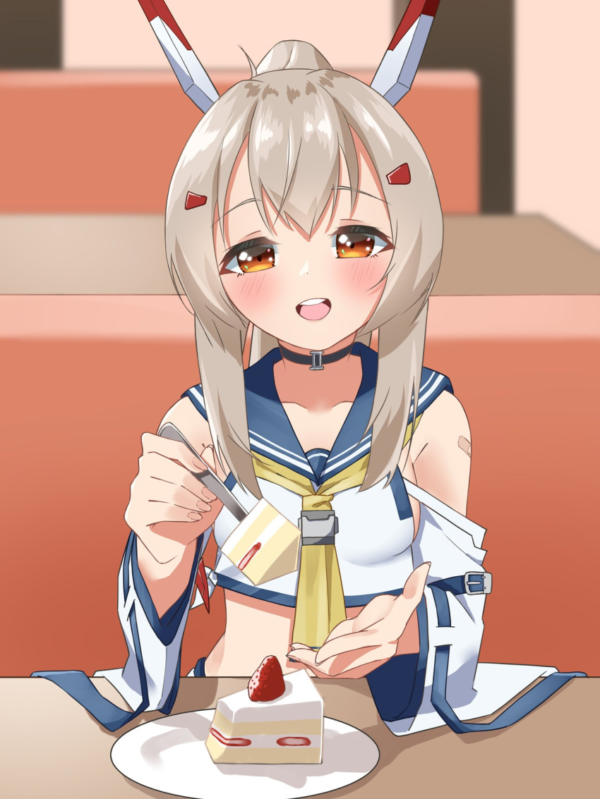 1girl, :d, ayanami_(azur_lane), azur_lane, bandaid, bandaid_on_arm, bangs, belt, blurry, choker, collarbone, commentary_request, depth_of_field, detached_sleeves, eyebrows_visible_through_hair, feeding, food, hair_between_eyes, hair_ornament, hairclip, headgear, highres, long_hair, looking_at_viewer, marimo_daifuku, midriff, open_mouth, orange_eyes, plate, pleated_skirt, ponytail, reaching_out, restaurant, retrofit_(azur_lane), ribbon-trimmed_sleeves, ribbon_trim, school_uniform, serafuku, sidelocks, silver_hair, skirt, smile, solo, strawberry_shortcake, wide_sleeves