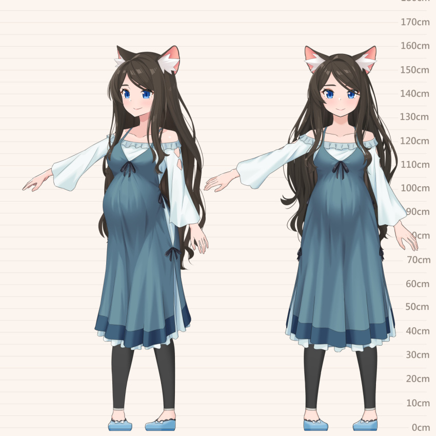 1girl, aina_(mao_lian), animal_ear_fluff, animal_ears, blue_dress, blue_eyes, brown_hair, cat_ears