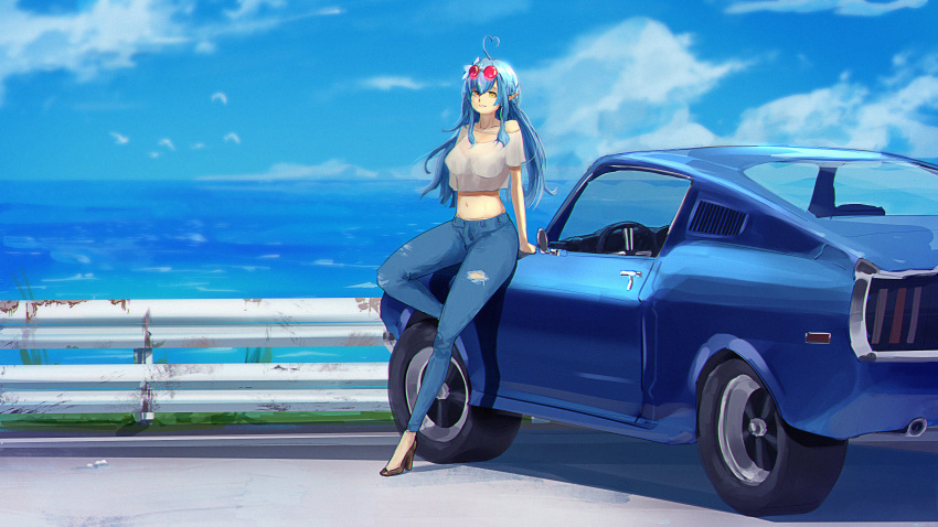1girl, absurdres, ahoge, alternate_costume, black_footwear, blue_hair, breasts, car