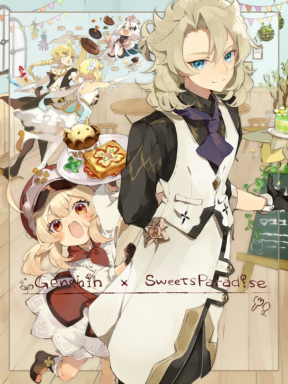 2boys, 3girls, aether_(genshin_impact), ahoge, albedo_(genshin_impact), apron, bangs, black_apron, black_footwear, black_gloves, black_shirt, blonde_hair, blue_eyes, blue_neckwear, boots, braid, brown_footwear, cabbie_hat, cafe, dress, elbow_gloves, fish-flavored_toast, flower, food, genshin_impact, gloves, hair_flower, hair_ornament, halo, hat, highres, indoors, klee_(genshin_impact), long_hair, looking_at_viewer, lumine_(genshin_impact), menu_board, multiple_boys, multiple_girls, neckerchief, necktie, neko8suko, paimon_(genshin_impact), red_eyes, red_headwear, red_neckwear, red_skirt, scarf, shirt, short_twintails, skirt, smile, socks, star_(symbol), star_hair_ornament, steak, stool, table, thigh-highs, thigh_boots, twintails, very_long_hair, vest, white_apron, white_dress, white_footwear, white_hair, white_legwear, white_scarf, white_shirt, white_vest, wooden_floor, yellow_eyes