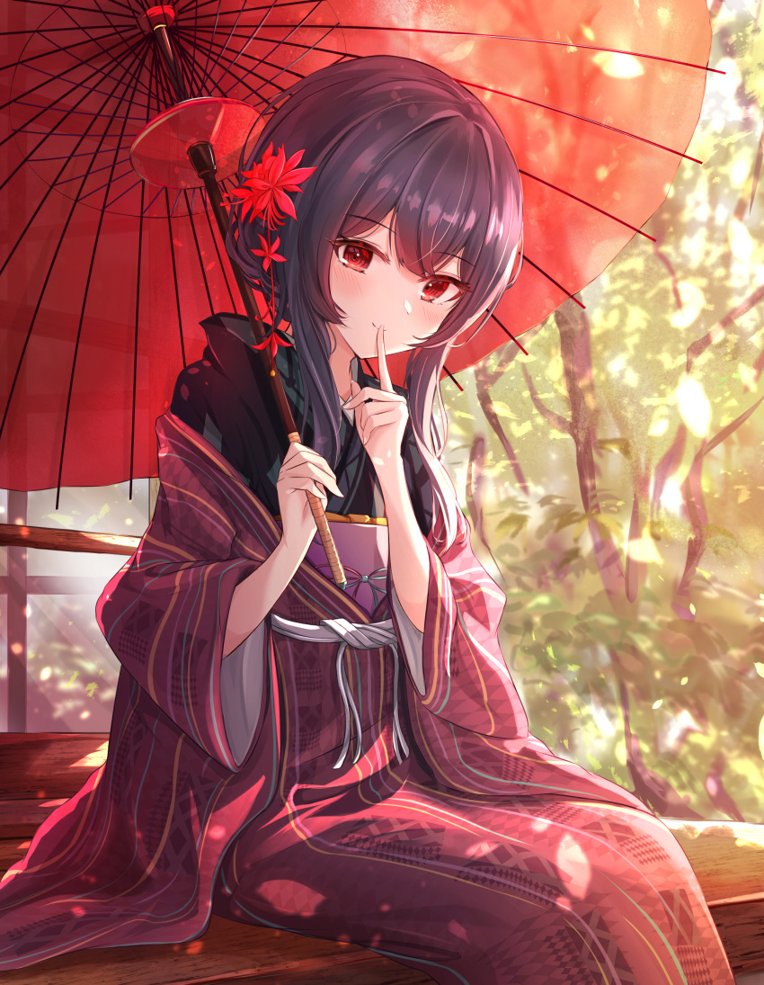 1girl, absurdres, bangs, black_hair, blush, closed_mouth, commentary, day, eyebrows_visible_through_hair, feet_out_of_frame, finger_to_mouth, flower, forest, hair_flower, hair_ornament, hands_up, highres, holding, holding_umbrella, idolmaster, idolmaster_shiny_colors, japanese_clothes, kimono, long_sleeves, looking_at_viewer, morino_rinze, nature, obi, outdoors, purple_hair, red_eyes, red_flower, red_kimono, sash, short_hair_with_long_locks, shushing, sidelocks, sitting, sky_cappuccino, smile, solo, tree, umbrella, wide_sleeves