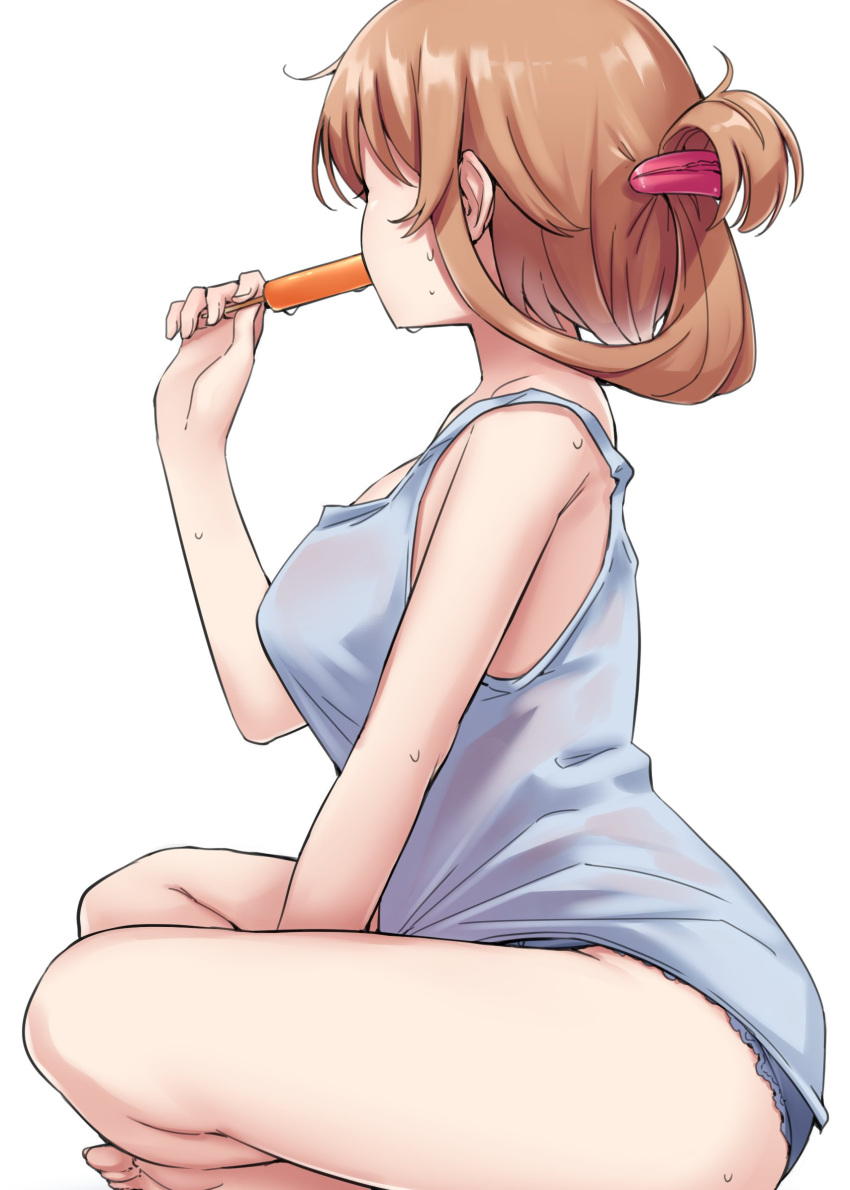 1girl, alternate_hairstyle, barefoot, black_panties, brown_hair, camisole, folded_ponytail, food