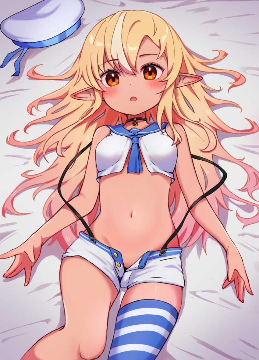 1girl, blonde_hair, breasts, eyebrows_visible_through_hair, gradient_hair, hat, hat_removed, headwear_removed, highres, hololive, long_hair, looking_at_viewer, lying, midriff, multicolored_hair, navel, on_back, orange_eyes, pink_hair, pointy_ears, sasaki_(glass1138), shiranui_flare, shorts, single_thighhigh, small_breasts, solo, streaked_hair, striped, striped_legwear, thigh-highs, unbuttoned, unbuttoned_shorts, virtual_youtuber, white_hair, white_headwear, white_shorts