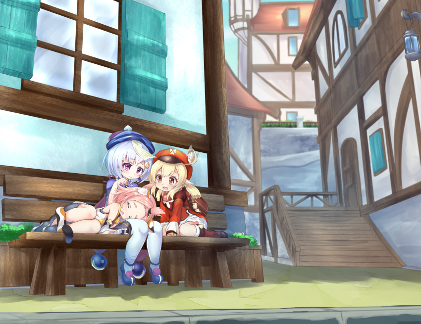3girls, :o, absurdres, ahoge, animal_ears, backpack, bag, bag_charm, bangs, bangs_pinned_back, bead_necklace, beads, bench, bloomers, blurry, boots, brown_footwear, brown_gloves, brown_scarf, building, cabbie_hat, cat_ears, cat_girl, cat_tail, charm_(object), chinese_clothes, cityscape, closed_eyes, clover_print, coat, coin_hair_ornament, commentary_request, depth_of_field, detached_sleeves, diona_(genshin_impact), dodoco_(genshin_impact), earrings, eyebrows_visible_through_hair, forehead, genshin_impact, gloves, hair_between_eyes, hat, hat_feather, hat_ornament, hat_removed, headwear_removed, highres, huge_filesize, jewelry, jiangshi, klee_(genshin_impact), knee_boots, kneehighs, light_brown_hair, long_hair, long_sleeves, low_twintails, lying, lying_on_lap, lying_on_person, multiple_girls, necklace, ninoji, ofuda, on_side, orange_eyes, park_bench, pink_hair, pointy_ears, purple_hair, qing_guanmao, qiqi_(genshin_impact), randoseru, red_coat, red_headwear, scarf, short_hair, shorts, sidelocks, sitting, stairs, tail, twintails, underwear, violet_eyes, wariza, window
