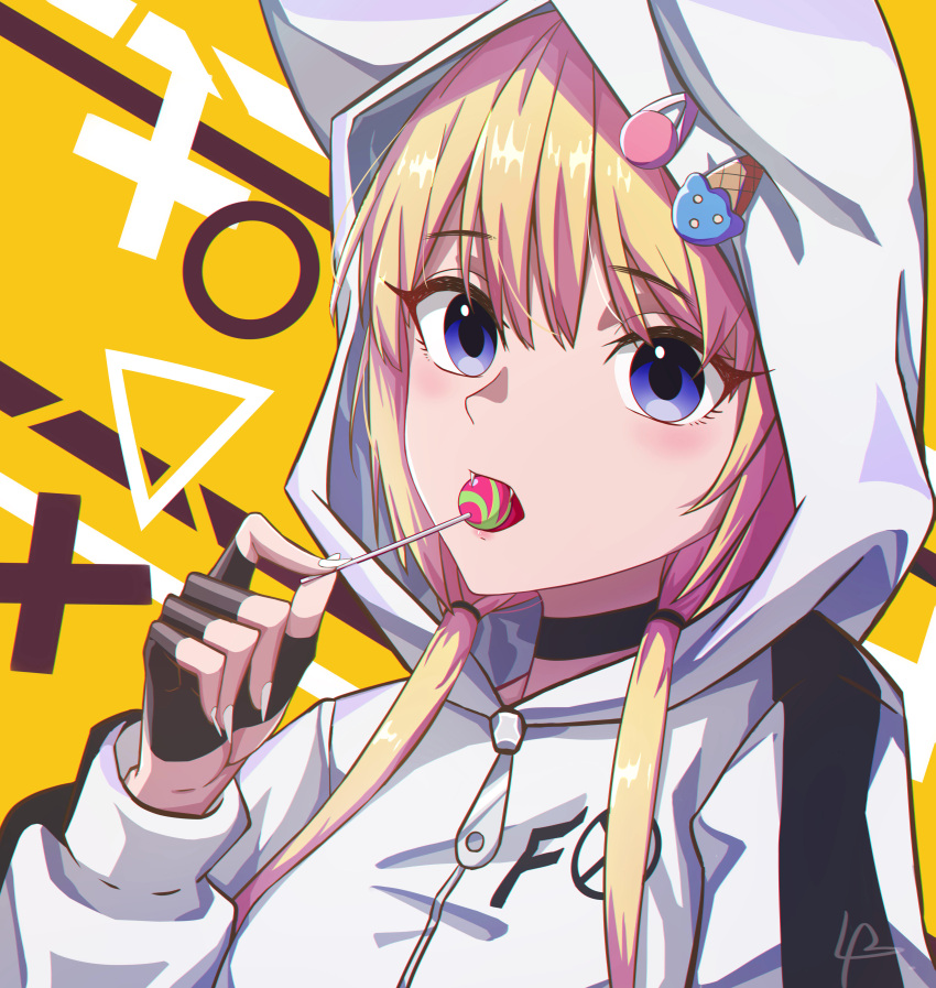 1girl, absurdres, artist_request, black_choker, blonde_hair, candy, choker, circle