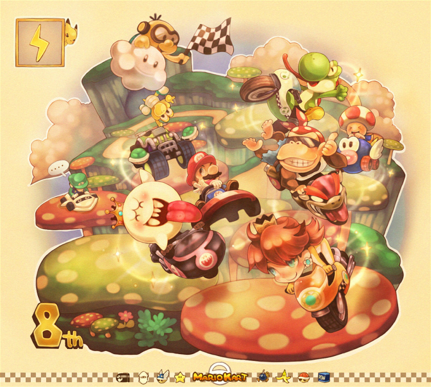 clouds, denpa, donkey_kong, funky_kong, go_kart, happy, king_boo, koopa_troopa, lakitu, luigi, mario, mario_kart, mario_kart_wii, motor_vehicle, motorcycle, nintendo, pikachu, pokemon, princess_daisy, princess_peach, sui_(petit_comet), super_mario_bros., title_drop, toad, vehicle, yoshi