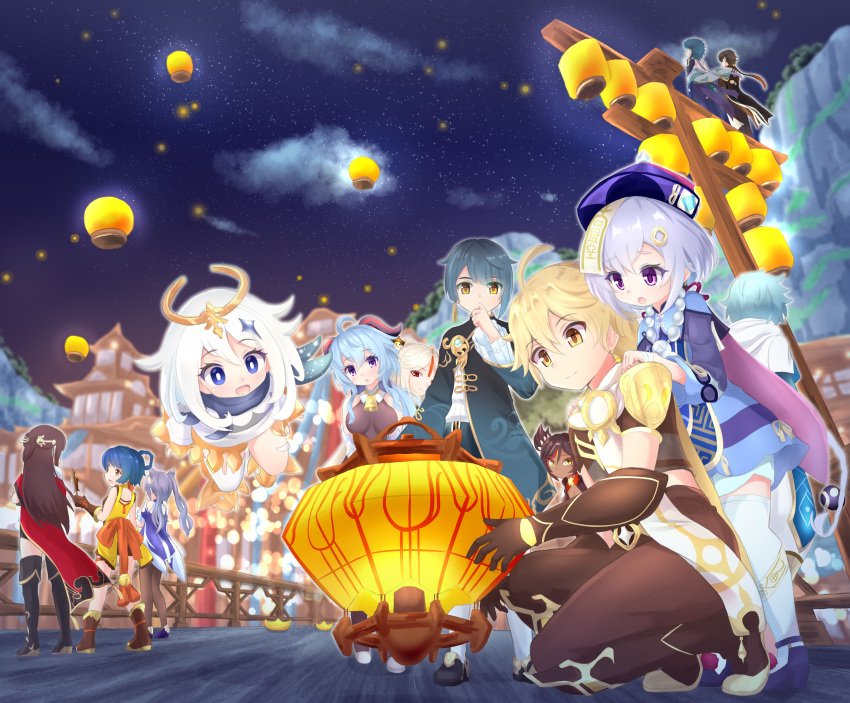 4boys, 6+girls, :d, absurdres, aether_(genshin_impact), ahoge, architecture, bangs