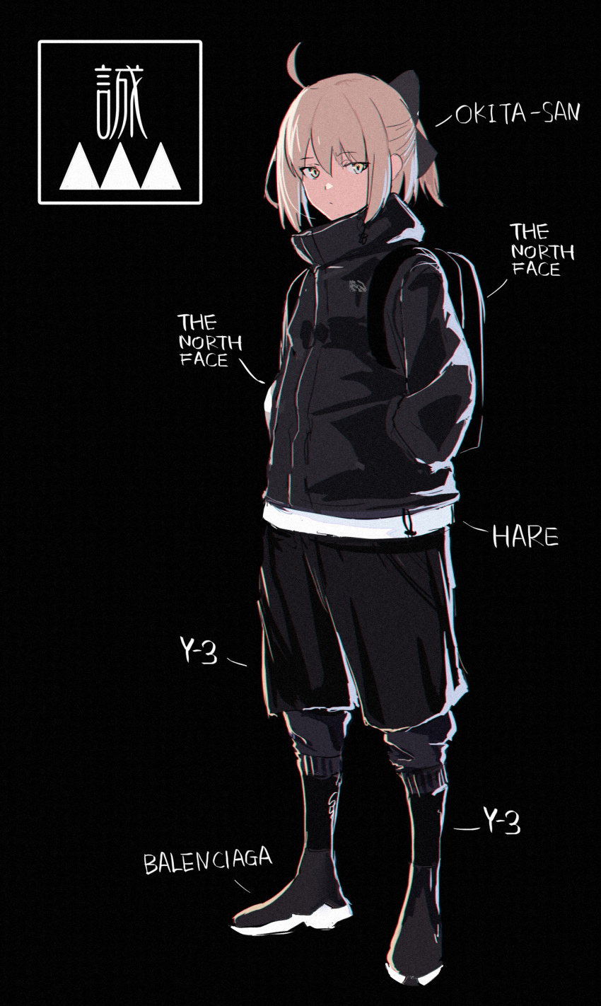 1girl, absurdres, ahoge, backpack, bag, balenciaga, black_background, black_bag