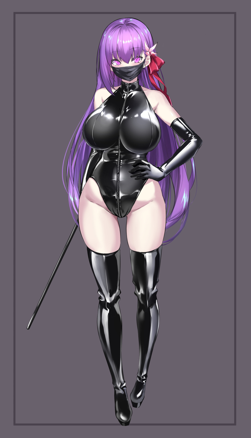 1girl, absurdres, bangs, bare_shoulders, bb_(fate), black_footwear, black_gloves, black_leotard, boots, breasts, elbow_gloves, facedesk, fate/extra, fate/extra_ccc, fate_(series), full_body, gloves, hair_ribbon, highleg, highleg_leotard, highres, large_breasts, leotard, long_hair, looking_at_viewer, purple_hair, red_ribbon, ribbon, solo, spider_apple, thigh-highs, thigh_boots, very_long_hair, violet_eyes, wand