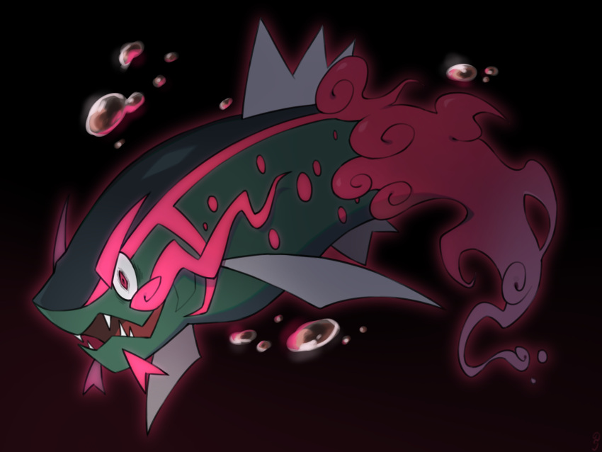 air_bubble, basculegion, blurry, bubble, commentary_request, fangs, fish, full_body, highres, kan'oke_maru, no_humans, open_mouth, pokemon, pokemon_(creature), red_eyes, solo, tongue