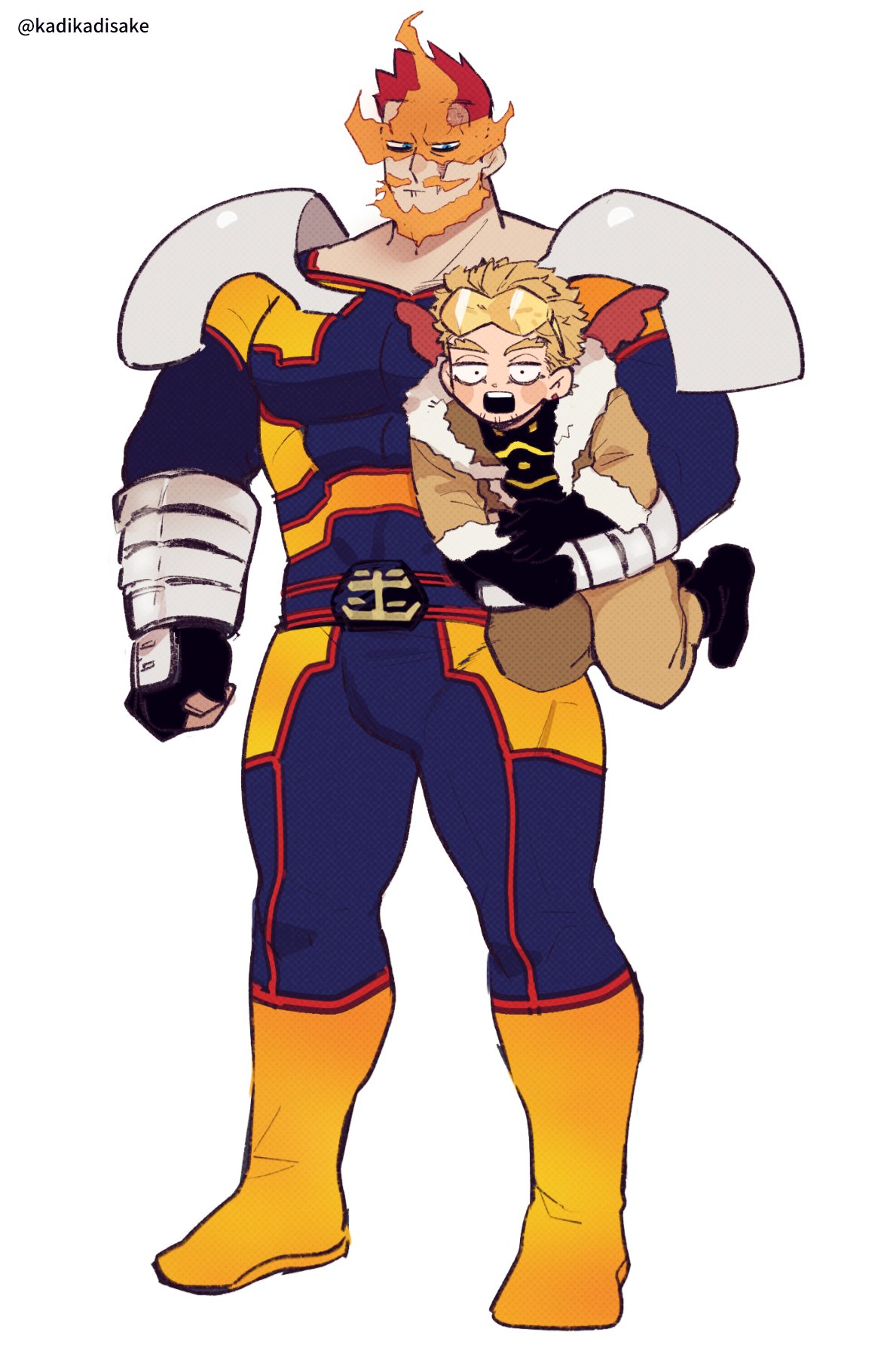 2boys, annoyed, armor, blonde_hair, blue_eyes, blush, boku_no_hero_academia, bulge