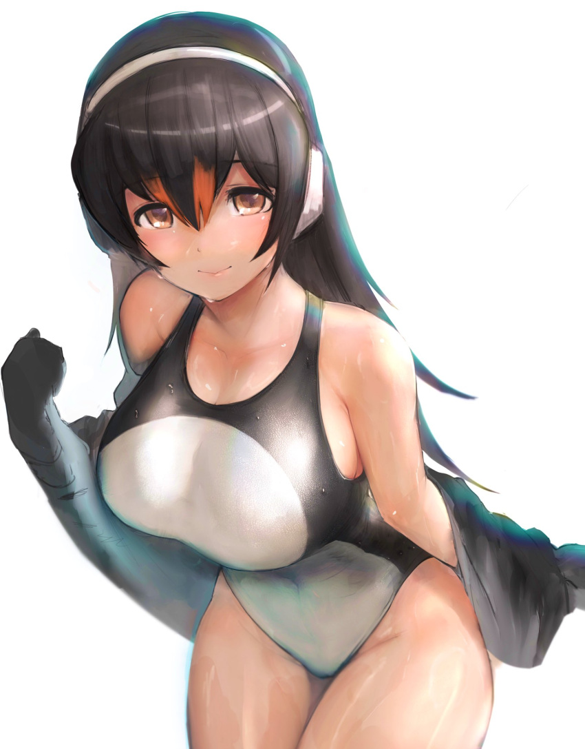1girl, alternate_breast_size, bangs, black_hair, breasts, brown_eyes, collarbone, competition_swimsuit