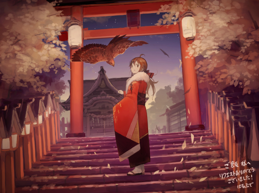 1girl, ahoge, bird, brown_hair, falcon, falcon_(girls_frontline), girls_frontline, highres, japanese_clothes, kimono, long_sleeves, obi, sash, shrine, shrine_bell, stairs, suginakara_(user_ehfp8355), torii