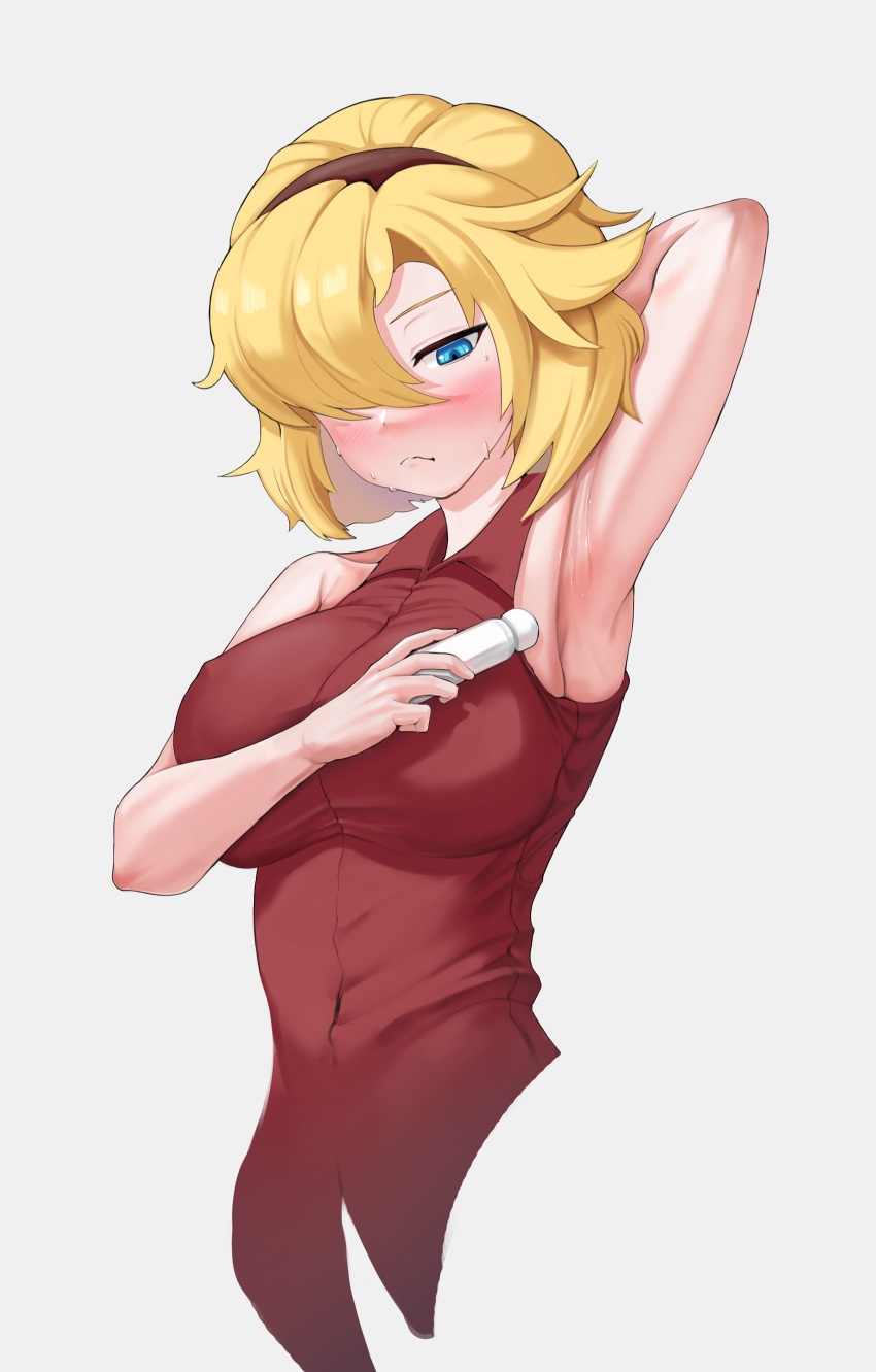 1girl, absurdres, arm_behind_head, armpits, blonde_hair, blue_eyes, blush, breasts