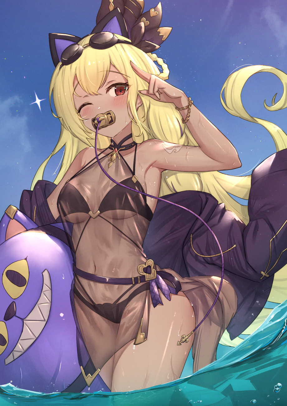 1girl, animal_ears, arm_up, armpits, bangs, bikini, black_bikini, black_dress