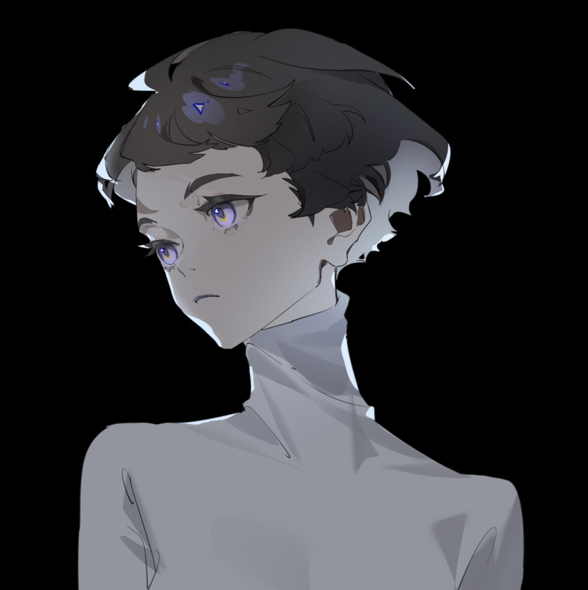 1girl, black_background, brown_hair, closed_mouth, commentary, english_commentary, eruu_(780599), grey_sweater, highres, looking_away, looking_to_the_side, original, short_hair, simple_background, solo, sweater, turtleneck, turtleneck_sweater, upper_body, very_short_hair, violet_eyes