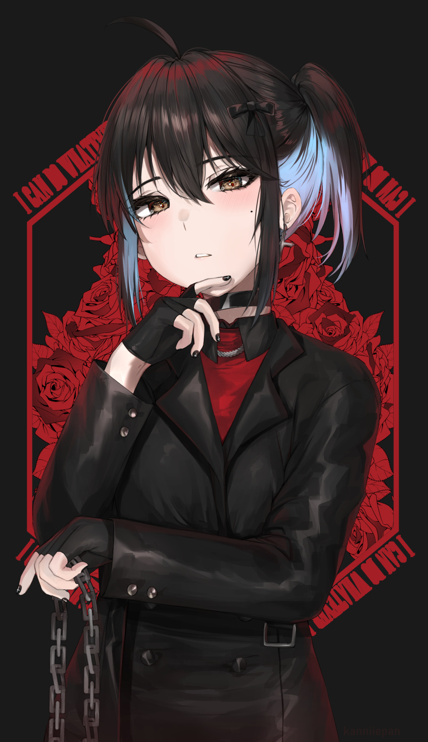 1girl, absurdres, ahoge, bangs, black_background, black_choker, black_gloves, black_hair