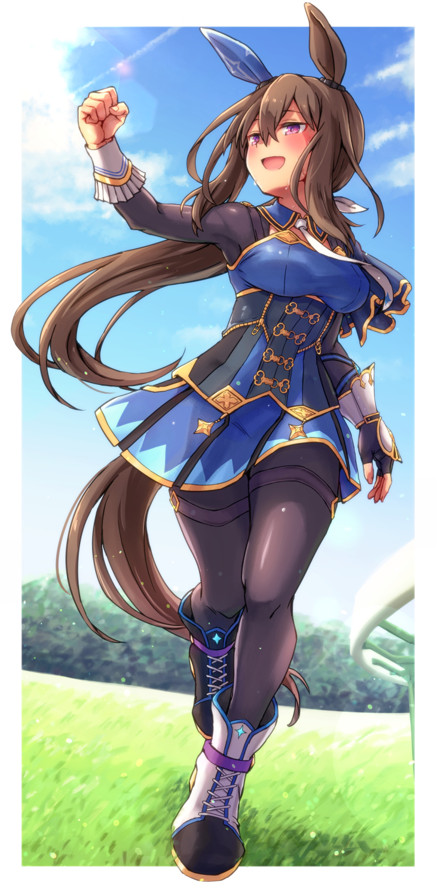 1girl, admire_vega_(umamusume), animal_ears, ankle_boots, asymmetrical_footwear, black_bodysuit, black_footwear, blue_capelet, blue_dress, bodice, bodysuit, boots, brown_hair, capelet, cleavage_cutout, clothing_cutout, commentary, cross-laced_footwear, detached_collar, dress, ear_covers, ear_ornament, flying_sweatdrops, gold_trim, hair_between_eyes, highres, horse_ears, horse_girl, horse_tail, lace-up_boots, long_hair, low-tied_long_hair, mismatched_footwear, necktie, sidelocks, sleeveless, sleeveless_dress, solo, starheart, tail, thigh_strap, triumph_(expression), umamusume, violet_eyes, white_footwear, white_neckwear