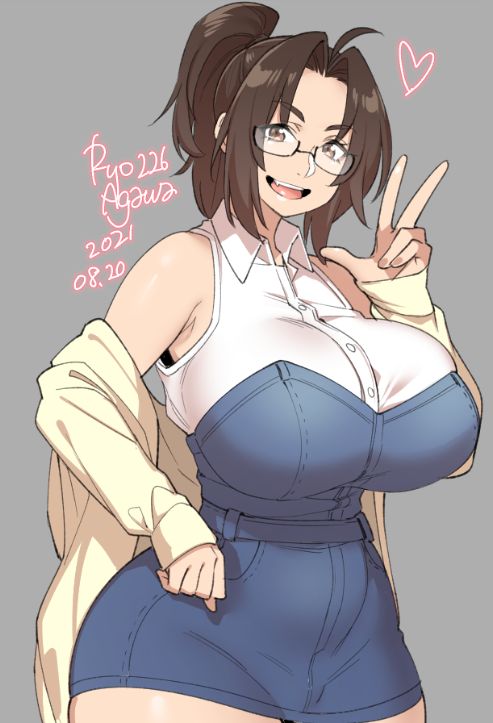 1girl, agawa_ryou, ahoge, armpits, artist_name, bare_shoulders, breasts, brown_eyes