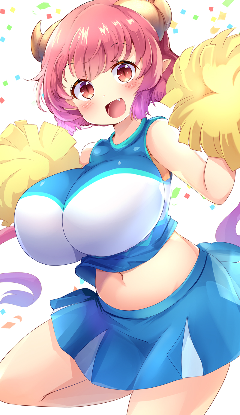 aru_(arudes), breasts, cheerleader, confetti, dragon_girl, eyebrows_visible_through_hair, highres, horns, huge_breasts, ilulu_(maidragon), kobayashi-san_chi_no_maidragon, leg_up, looking_at_viewer, midriff, oppai_loli, pointy_ears, pom_pom_(cheerleading), red_eyes, redhead, sharp_teeth, short_hair, sleeveless, slit_pupils, standing, teeth, white_background